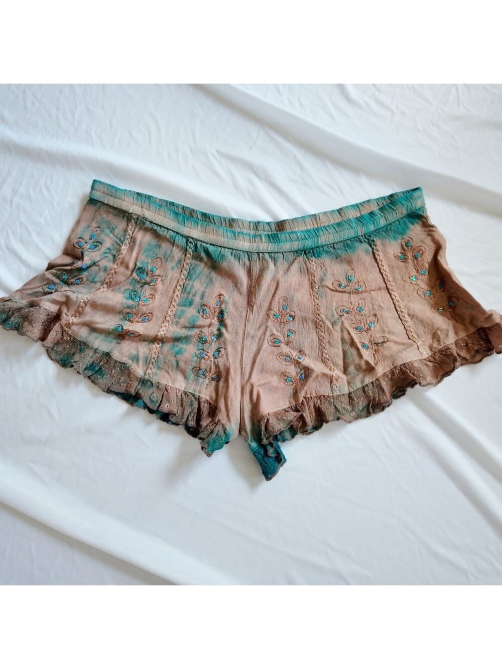 Raga Shorts Tie Dye Embroidered Boho hippie Brown Turquoise Size S